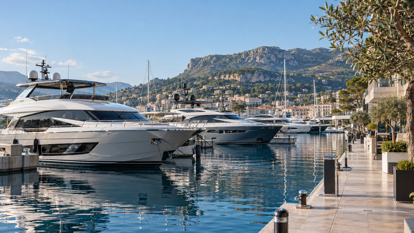 Luxury yachts moored in a Mediterranean marina